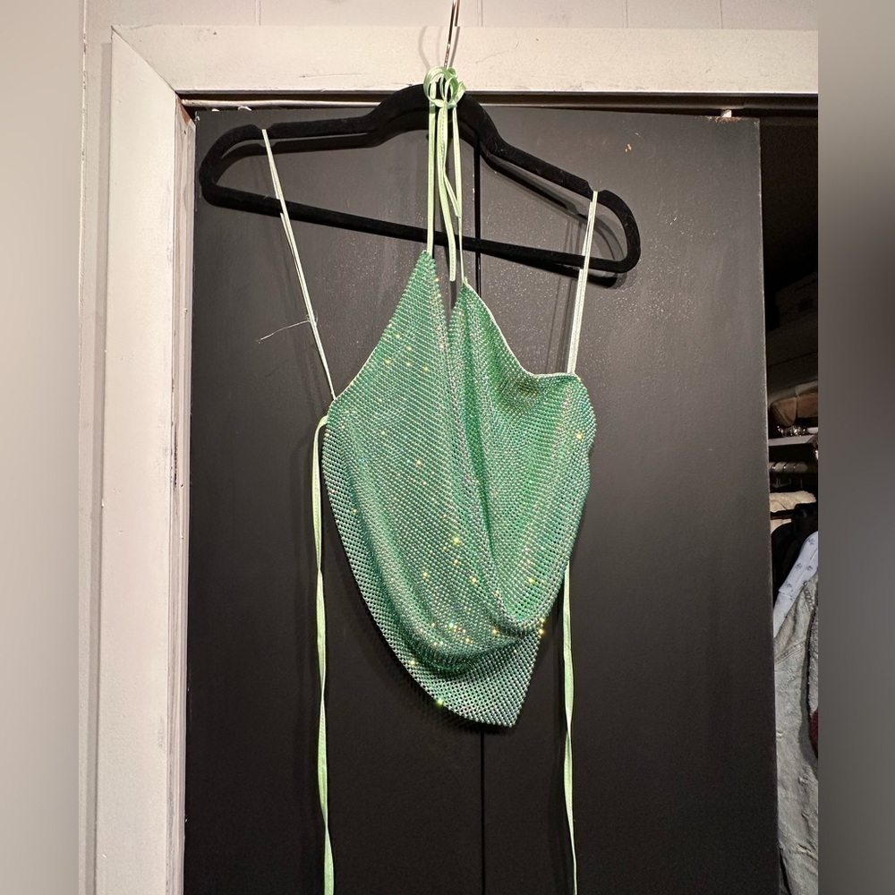 AKIRA Fully rhinestone mesh halter open back top Green Women's Going Out Top